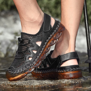 Men's Sandals 2020 New Breathable Leather Mesh Patchwork Male Sandals Soft Sole Outdoor Beach Shoes Non-Slip Water Walking Shoes