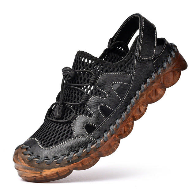 Men's Sandals 2020 New Breathable Leather Mesh Patchwork Male Sandals Soft Sole Outdoor Beach Shoes Non-Slip Water Walking Shoes